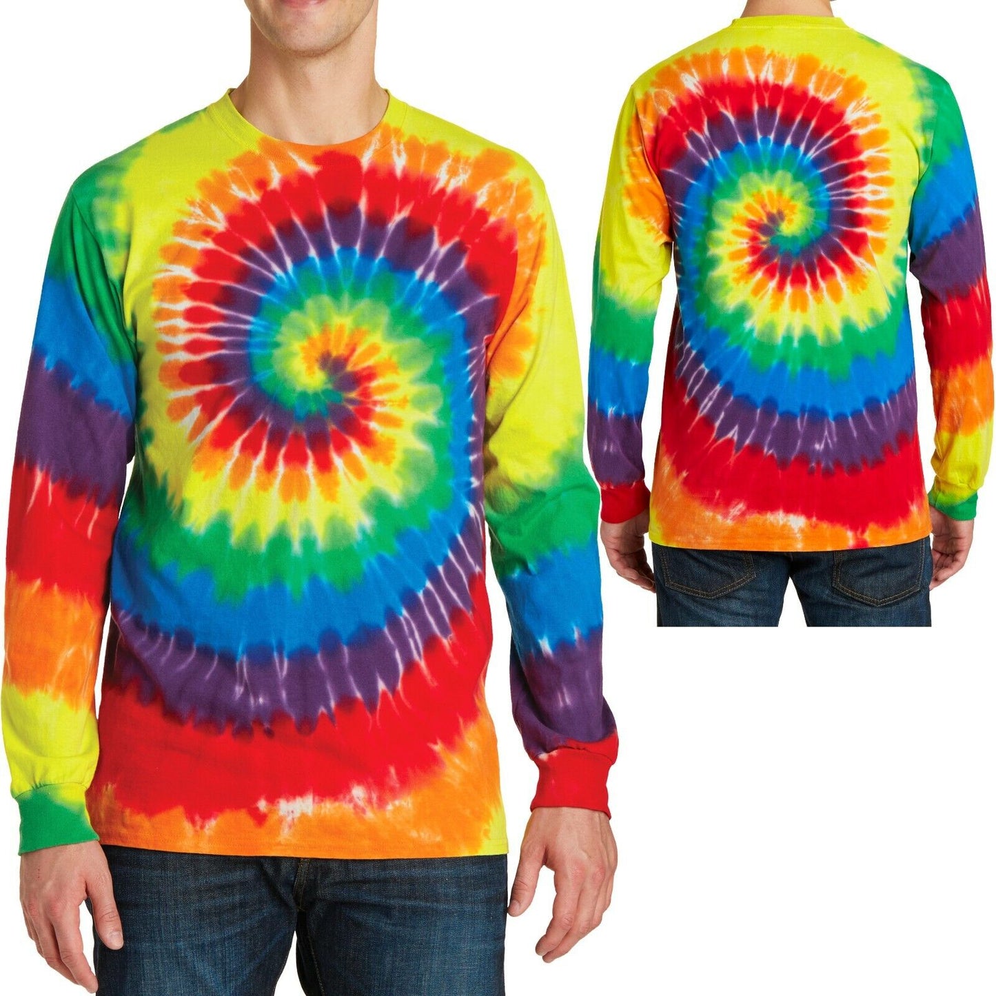 Mens LONG SLEEVE Tie Dye Neon, Rainbow T-Shirt Cotton Tye Die Tee S-XL 2X 3X 4X