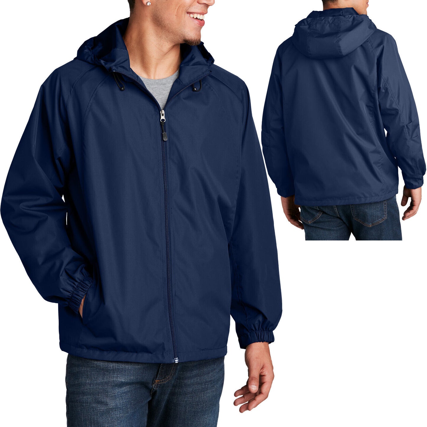 Mens Hooded Full Zip Jacket Windbreaker with Pockets Water Resistant NAVY 2XL