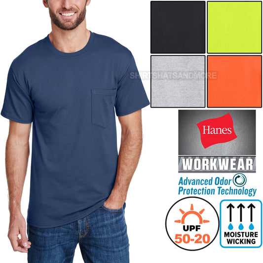Mens Hanes Pocket T-Shirt 50-20 UPF Moisture Wick Odor Protect Extra Length Tee