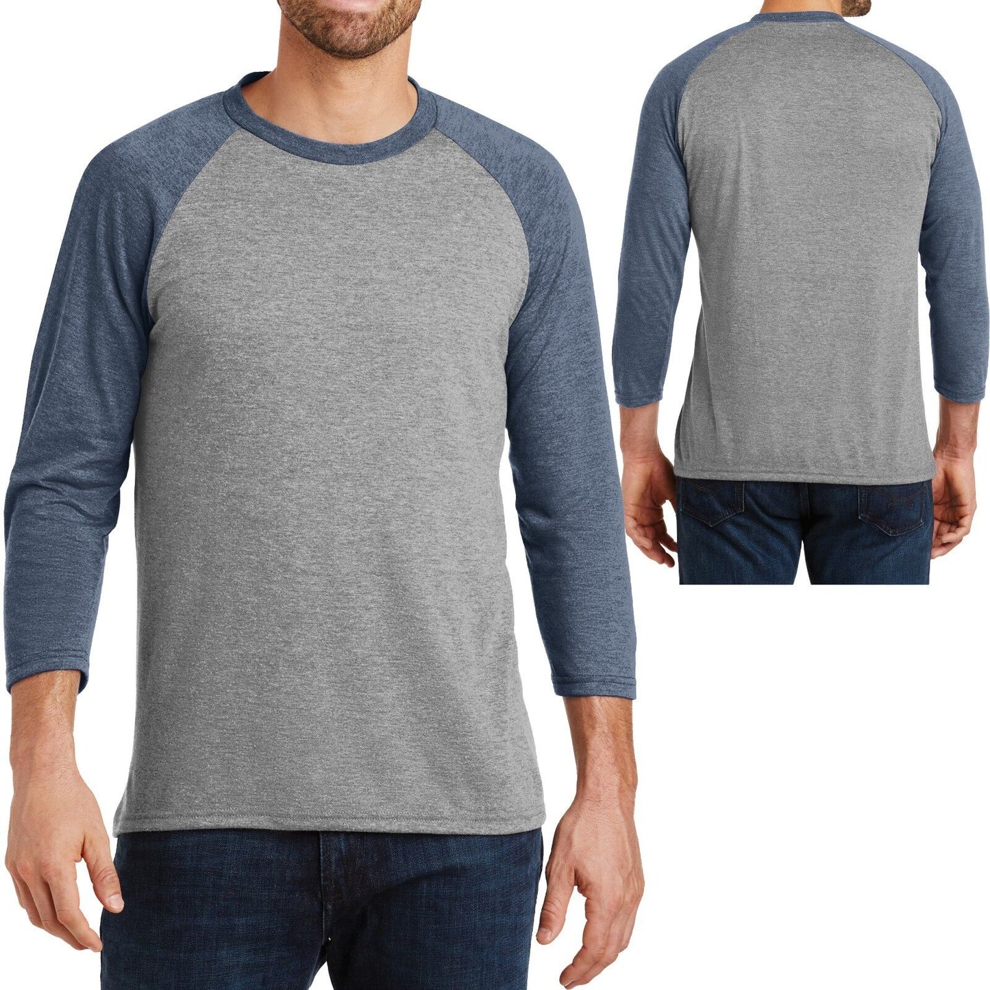 Mens Tri Blend T Shirt 3/4 Sleeve Raglan Baseball Tee S, M, L, XL, 2XL, 3XL, 4XL