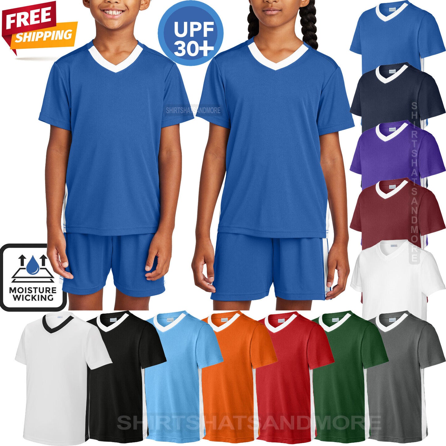 Kids V-Neck Moisture Wicking Color Block Team T-Shirt Youth Child UPF 30+ XS-XL