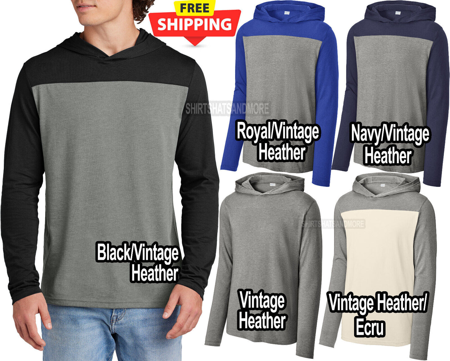 Mens Long Sleeve Colorblock Soft Blended Hoodie Tee Hooded Hoody T-Shirt XS-4XL