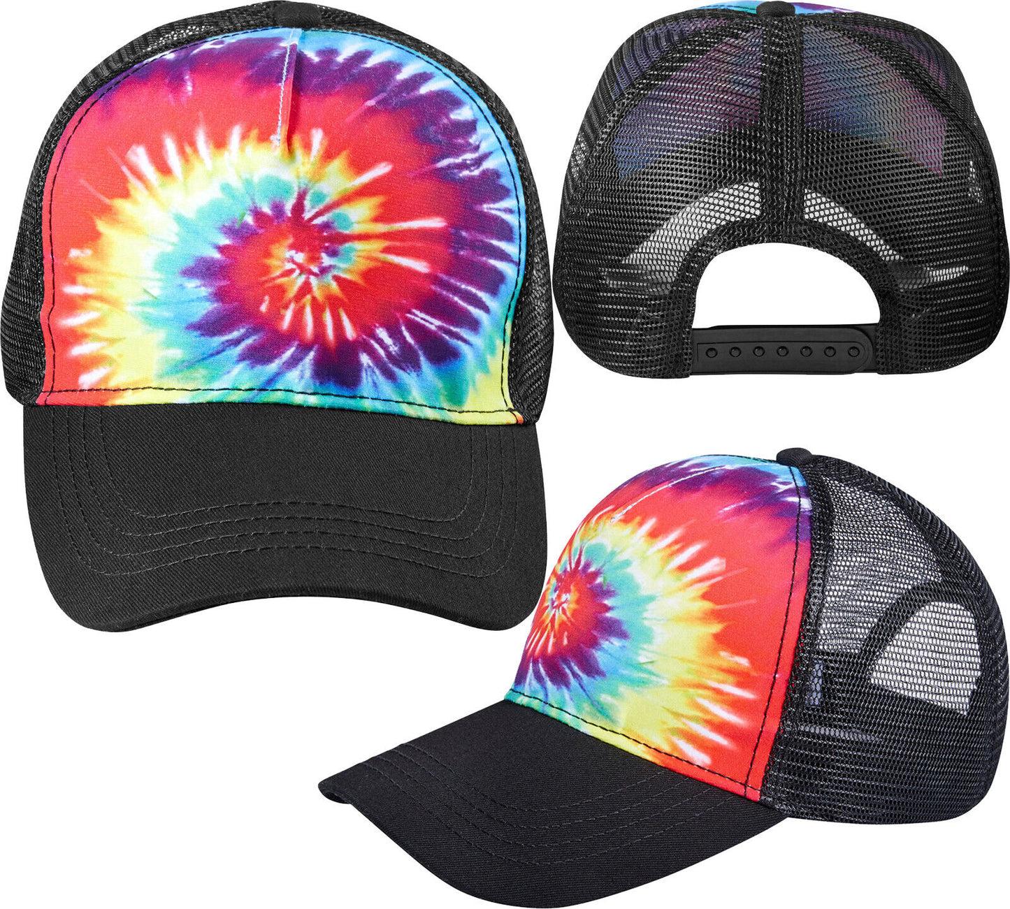 Mens Tie Dye Cap Mesh Back Structured Trucker Hat Tye Die Blue Ocean & Rainbow