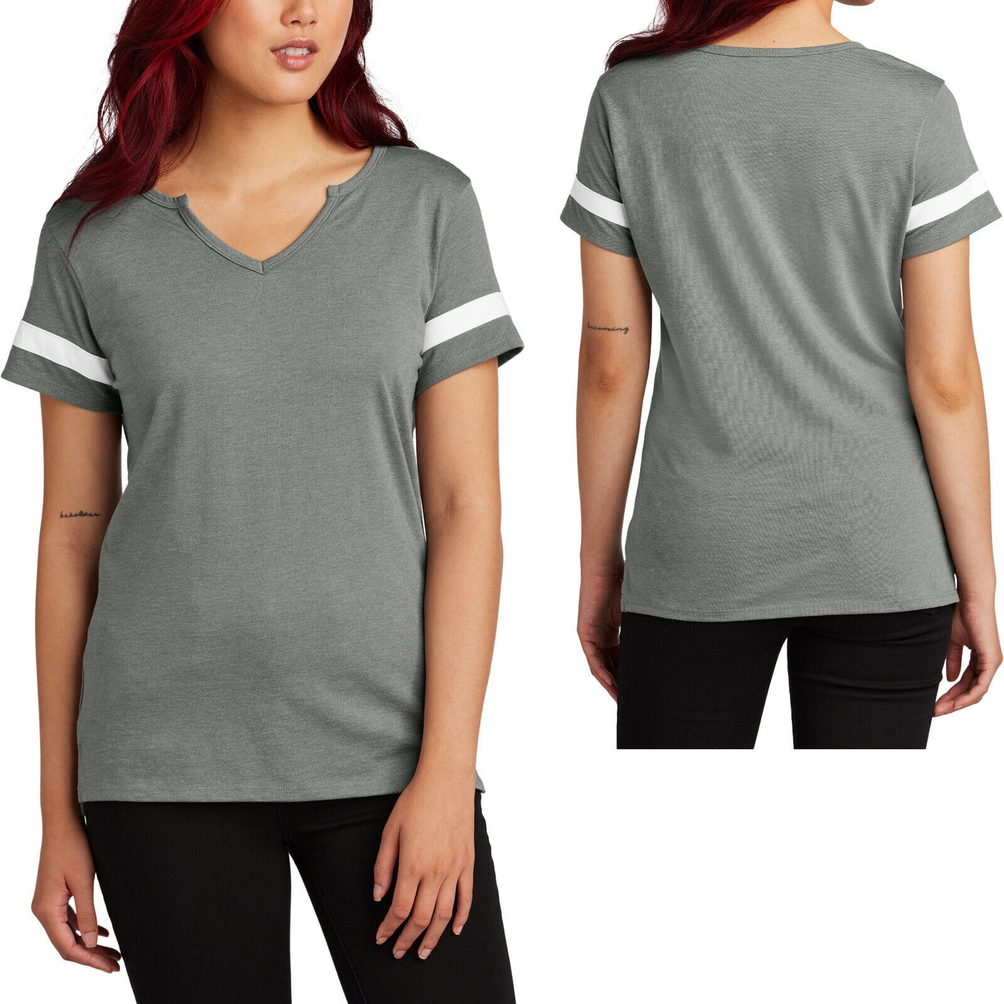 Womens Team Notch Neck Colorblock Sleeve T-Shirt Ladies Soft Blend Tee XS-4XL