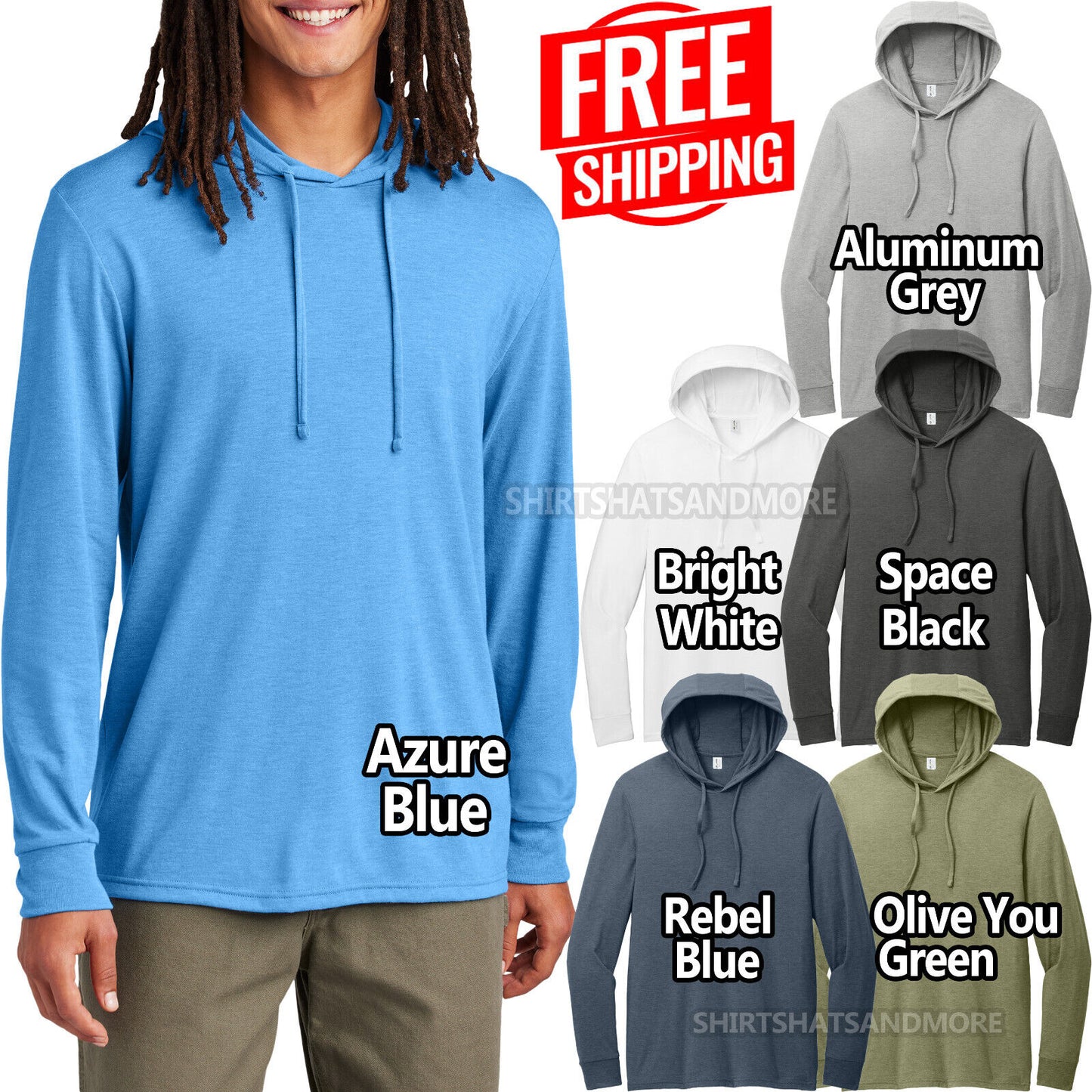 Mens Tri-Blend Hoodie T-Shirt Super Soft Sustainably Made Long SleeveTee XS-4XL