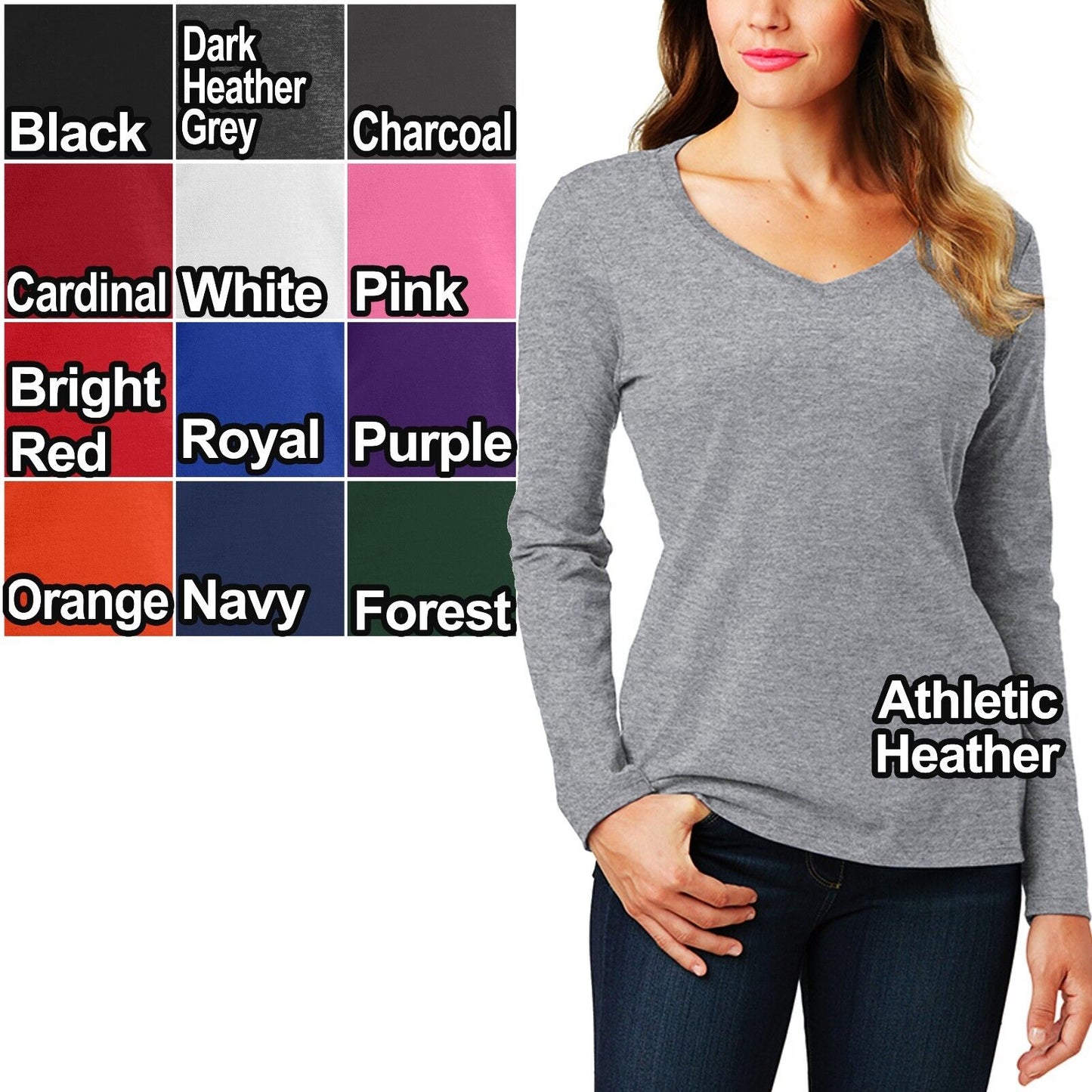 Ladies V-Neck T-Shirt Long Sleeve Womens Top Soft Cotton Tee XS-XL 2XL, 3XL, 4XL