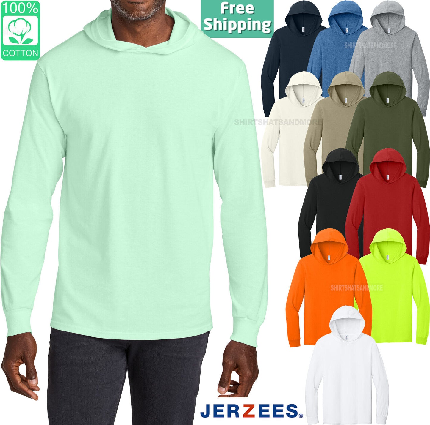 Mens Jerzees Cotton Long Sleeve Hoodie Tee Hooded T-Shirt 100% Classic Fit S-3XL