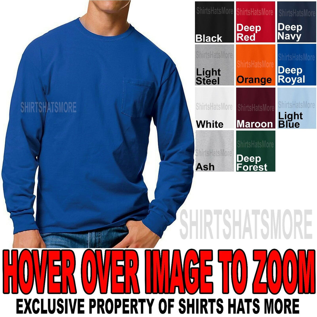 Hanes Mens LONG SLEEVE T-Shirt with POCKET Tagless Tee PRESHRUNK S-XL 2XL, 3XL