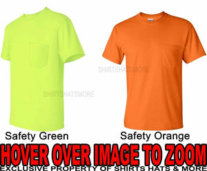 MENS Pocket T-Shirt Safety Yellow Green Orange Gildan Blended ANSI Tee S-5X NEW