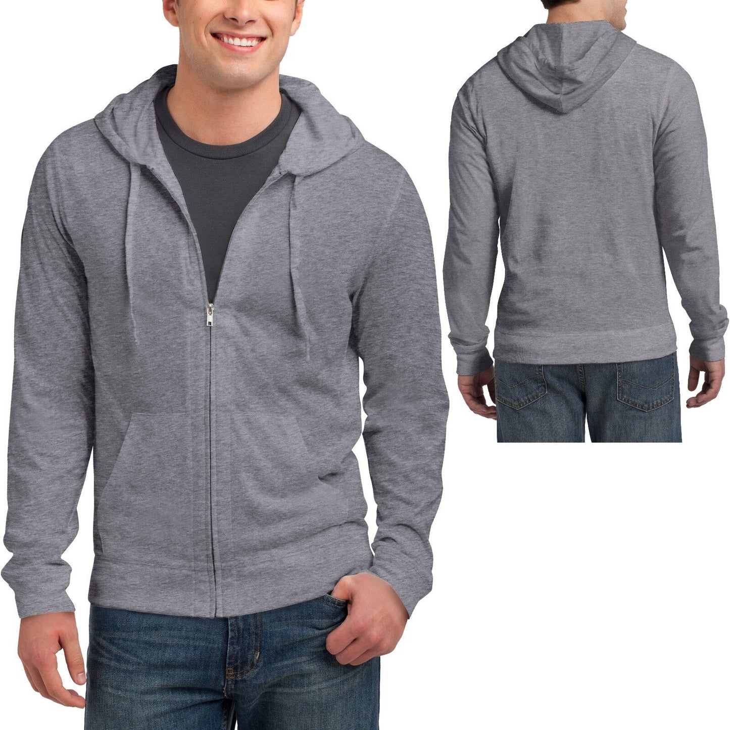 Mens Full Zip Hoodie Long Sleeve T-Shirt Young Mens Lightweight Hooded XS-4XL