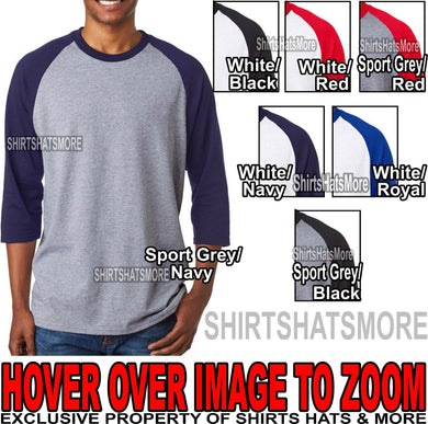 Mens 3/4 Sleeve Baseball T-Shirt 100% Preshrunk Cotton S M, L, XL, 2XL, 3XL NEW