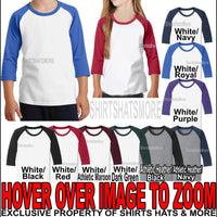 Youth Raglan Jersey 3/4 Sleeve Baseball T-Shirt Cotton/Poly Boys Girls Tee XS-XL