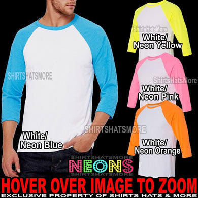 MENS NEON 3/4 Sleeve Baseball T-Shirt Jersey Canvas Team Sport XS-XL, 2XL NEW
