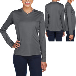 Ladies Long Sleeve T-Shirt Moisture Wicking V-Neck Base Layer Womens XS-XL 2X 3X