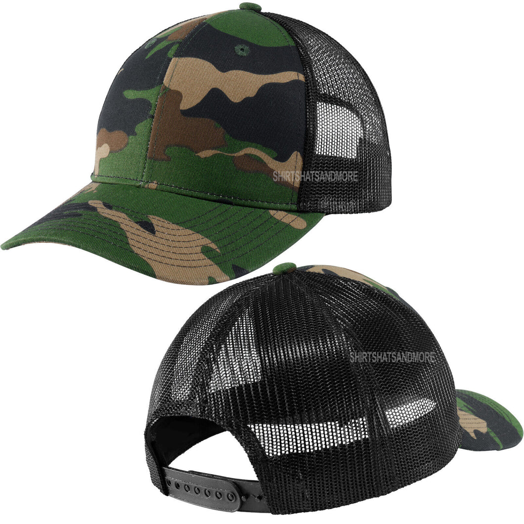 Woodland Camo/Black Hat Mesh Structured Cap Mid Profile Camoflauge Snapback NEW!