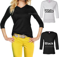Ladies 3/4 Sleeve V-Neck T-Shirt Soft Ring Spun 100% Cotton Womens Tee S M L XL