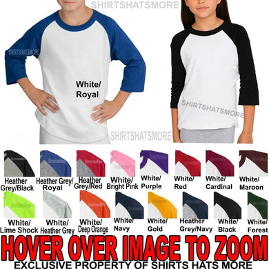Youth 3/4 Sleeve Baseball T-Shirt Raglan Jersey Boys Girls Child Tee XS-XL NEW