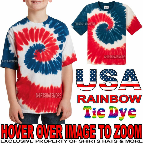 Youth Tie Dye USA Rainbow T-Shirt Tye Died XS, S, M, L, XL Boys Girls Kids Child