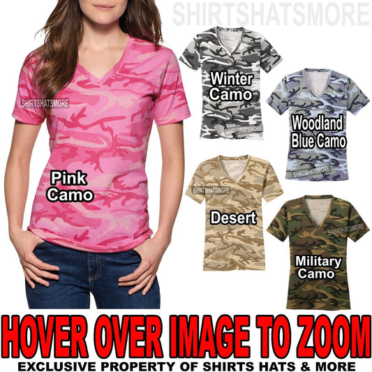 Ladies Camo V-NECK T-Shirt Preshrunk Cotton Womens Tee XS-XL 2X 3X 4X NEW