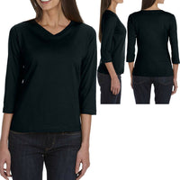 Ladies 3/4 Sleeve V-Neck T-Shirt Soft Ring Spun 100% Cotton Womens Tee S M L XL