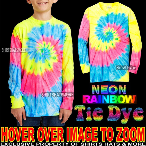 Youth Tie Dye LONG SLEEVE NEON RAINBOW T-Shirt Boys Girls Kids Tee XS S, M L, XL