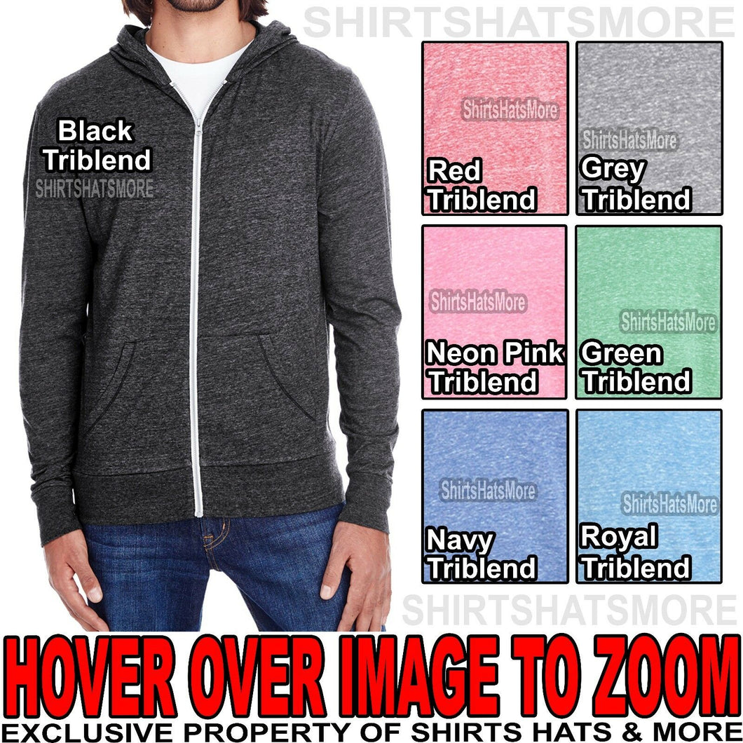 Mens Full Zip Lightweight Hooded Shirt Triblend Hoodie Light Sweatshirt XS-2XL