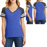 Ladies V-Neck Sleeve Stripe T-Shirt Game Day Womens Tee XS-XL, 2XL, 3XL, 4XL NEW