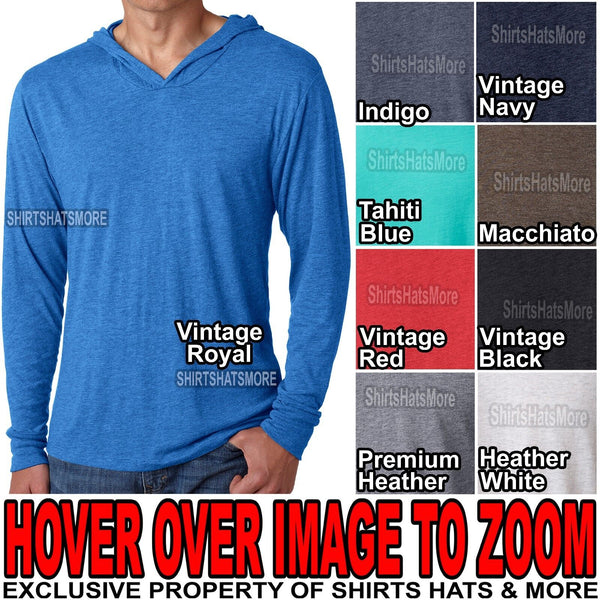 Mens Tri Blend Long Sleeve Hooded T-Shirt Hoodie Tee S, M, L, XL, 2XL NEW