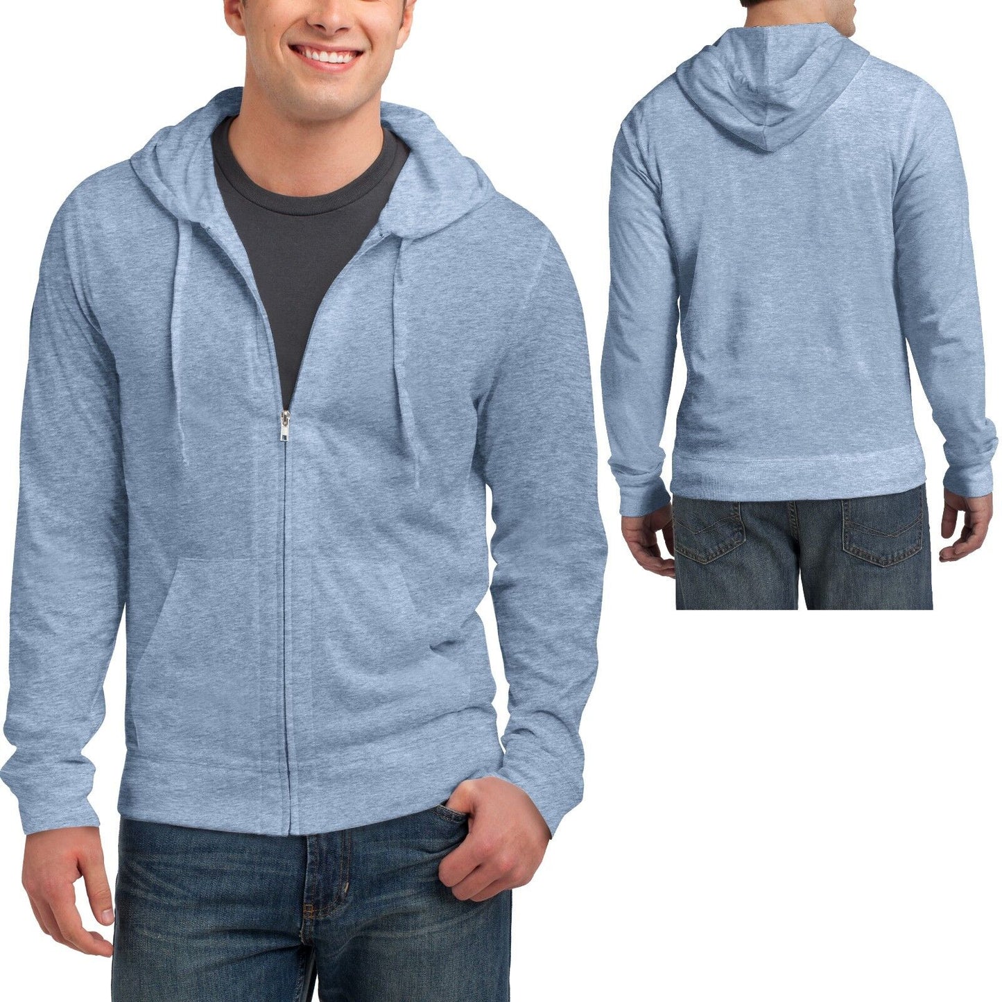 Mens Full Zip Hoodie Long Sleeve T-Shirt Young Mens Lightweight Hooded XS-4XL