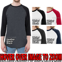 American Apparel Baseball T-Shirt 3/4 Sleeve Raglan Tee XS, S, M, L, XL NEW