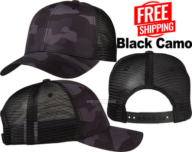 Adult Black Camo 6 Panel Structured Hat Mid-Profile Snap Back Baseball Cap NEW!
