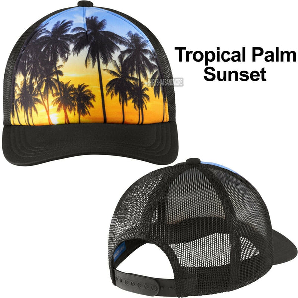 Photo Realistic Trucker Hat Tropical Palm Sunset Snap Mesh Back Baseball Cap
