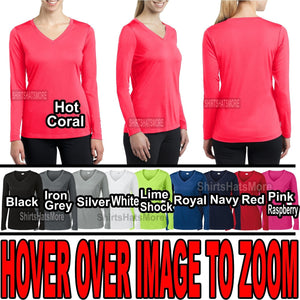 Ladies Long Sleeve V-Neck Tee Moisture Wicking Exercise Womens XS-XL 2XL 3XL 4XL