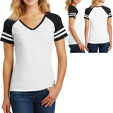 Ladies V-Neck Sleeve Stripe T-Shirt Game Day Womens Tee XS-XL, 2XL, 3XL, 4XL NEW